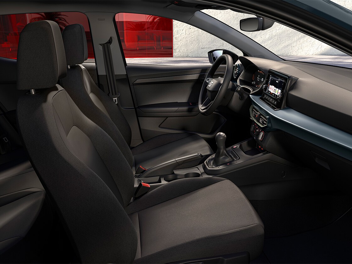 Seat ibiza interior details including the cloth comfort seats for reference in acero tone. 